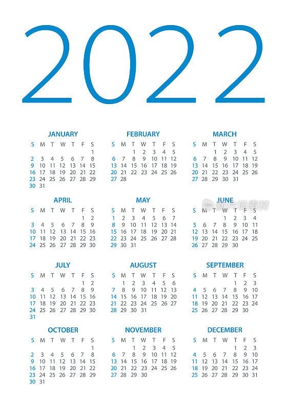 日历2022 -矢量插图。一周从周日开始